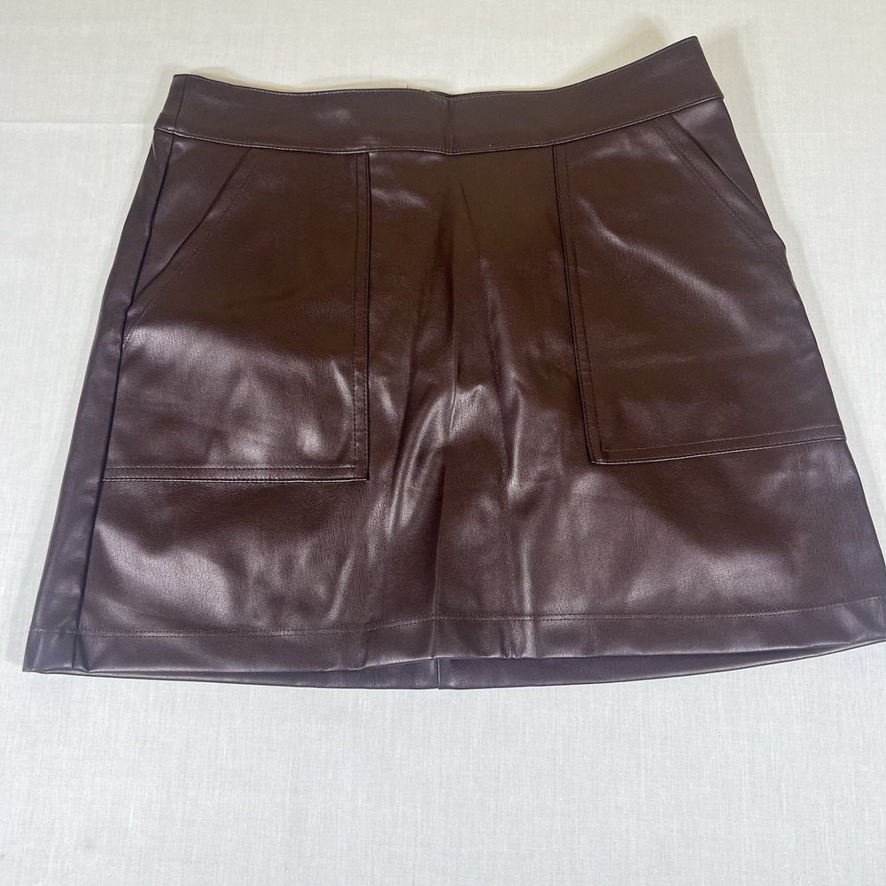 A New Day Womens XS Brown Faux Leather Mini Skirt A Line Patch Pocket